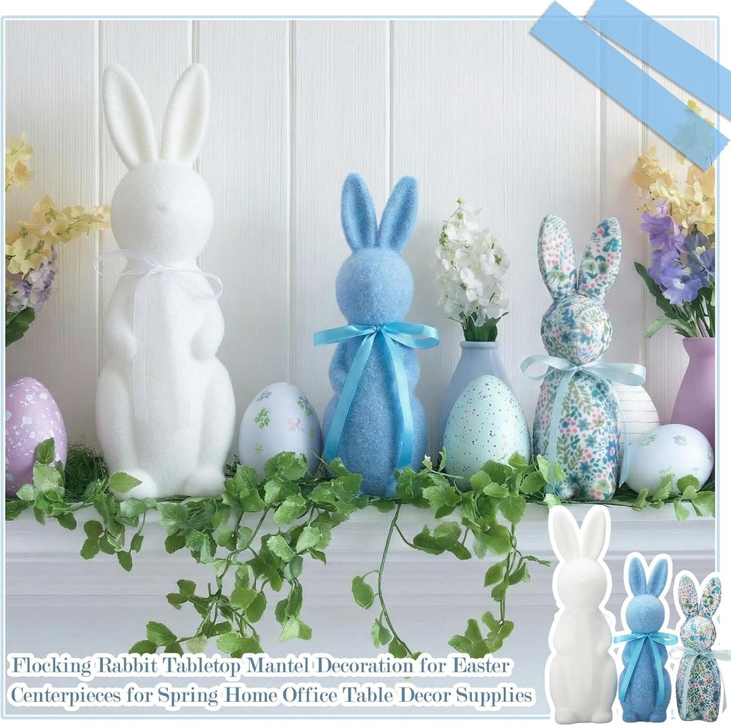 Flocked Bunny Easter Decorations 9/10/13 Inch Flocked Bunny Figurines with Bow Tie Spring Easter Tabletop - Set of 3