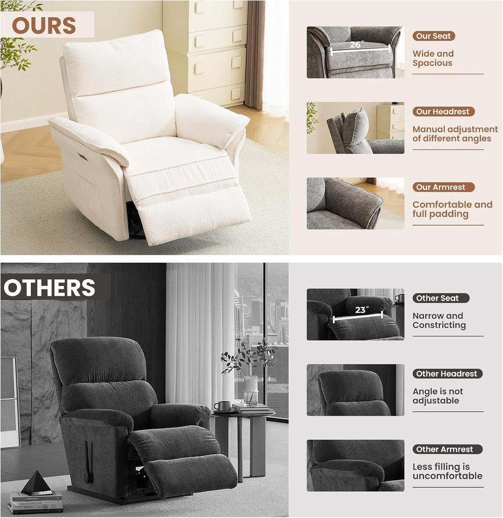 Oversized Rocking Chair Nursery with Massage and Heat, Glider Recliner Nursery Chair with Adjustable Headrest, Power