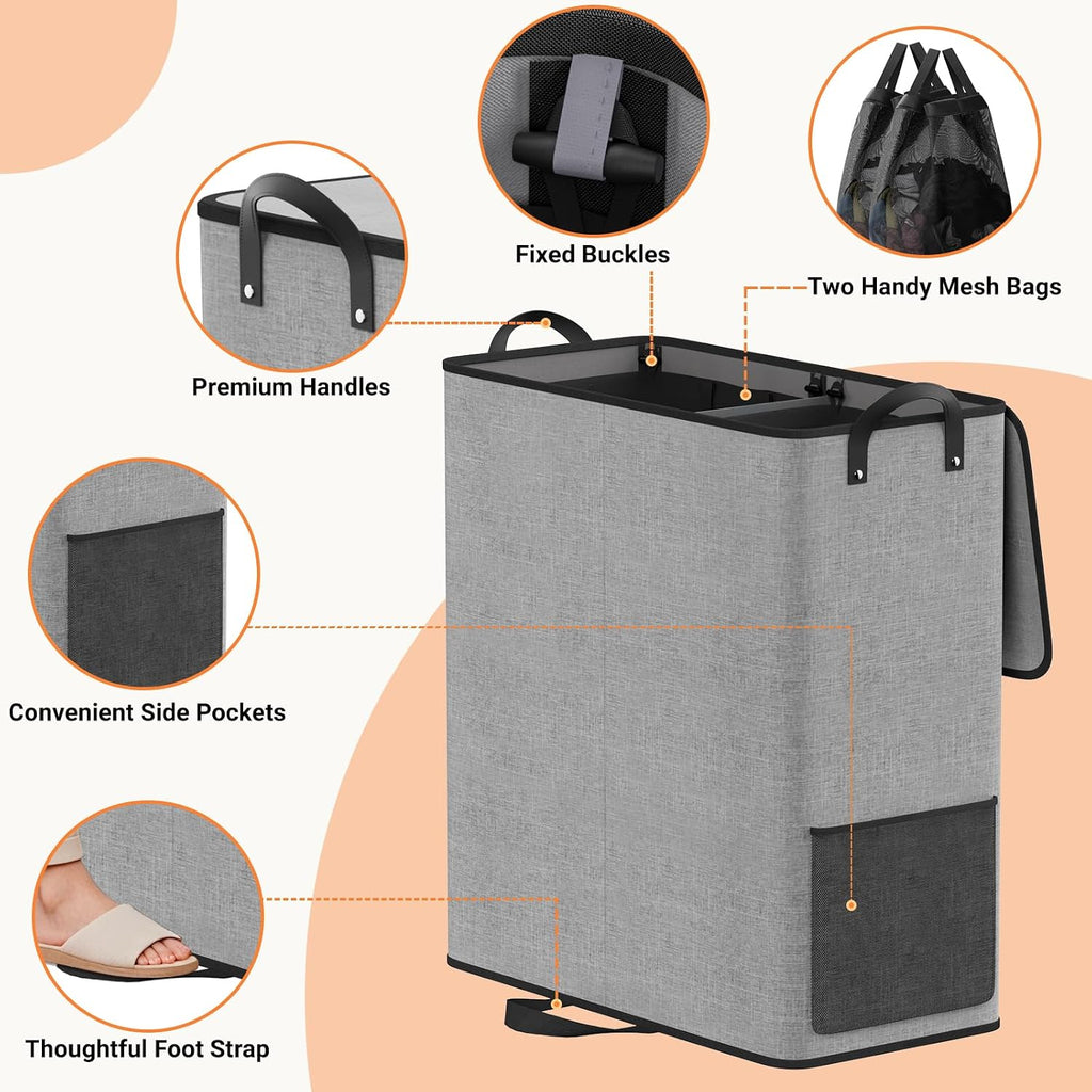 136L 2 Section Laundry Hamper with Lid, Laundry Basket, Gray | Large Laundry Hampers with Reinforced Handles &