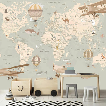 Vintage Animal Wallpaper Cartoon Aircraft Map wall murals for Kids Room 159"x107"(Not Peel and Stick)