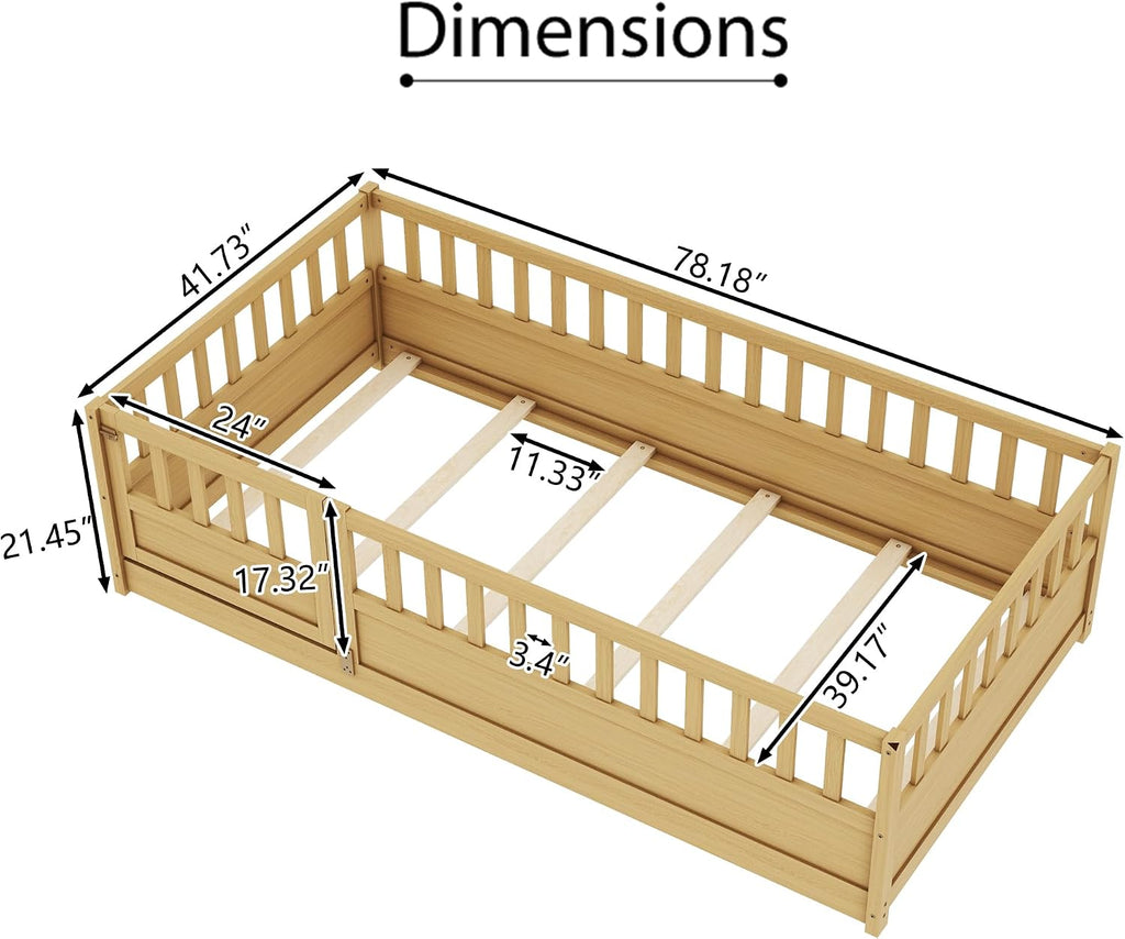 Twin Size Floor Bed with Fence and Door, Montessori Floor Bed with Slats, Twin Size Montessori Beds for Kids, Girls