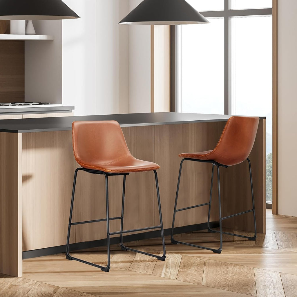 26 Inch Counter Height Bar Stools Set of 4, Modern Faux Leather High Barstools with Back and Metal Leg, Upholstered
