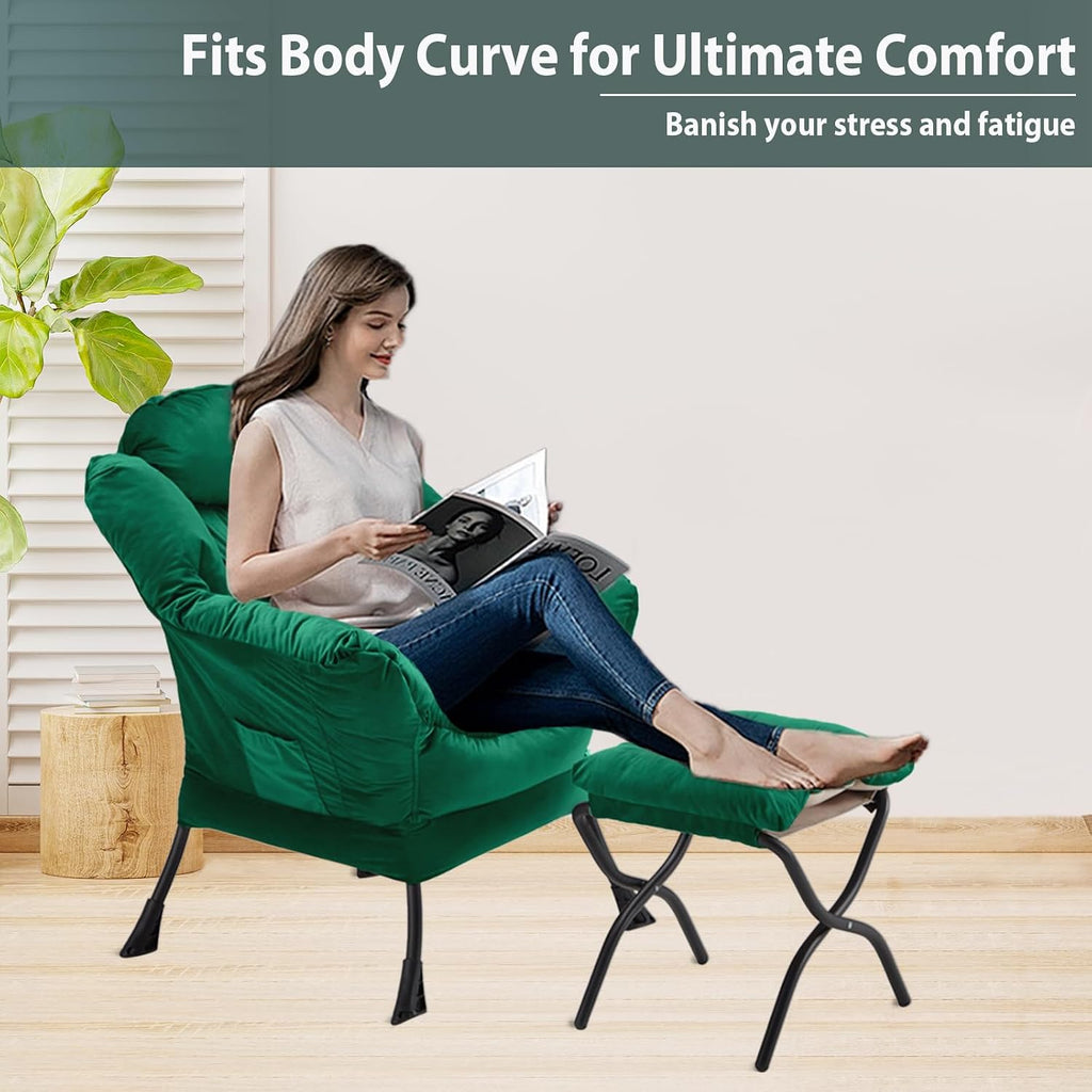 Lazy Chair with Folding Ottoman, Accent Chair Velvet Upholstered with Metal Structure and Non-Slip Pads, Sofa