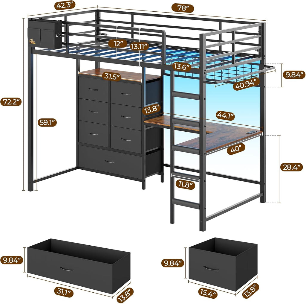 Twin Loft Bed with L-Shaped Desk and 7 Storage Drawers,Metal Twin Loft Bed for Kids with LED Lights and Charging