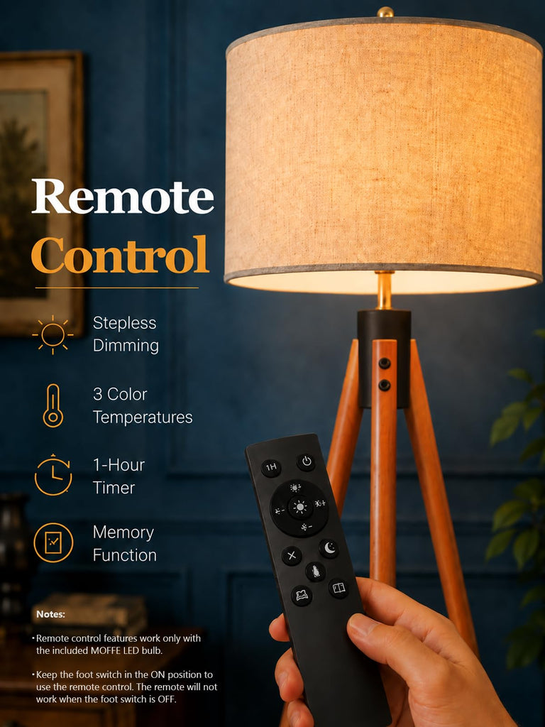 Mid Century Solid Wood Tripod Floor Lamp with Tary & Remote Control