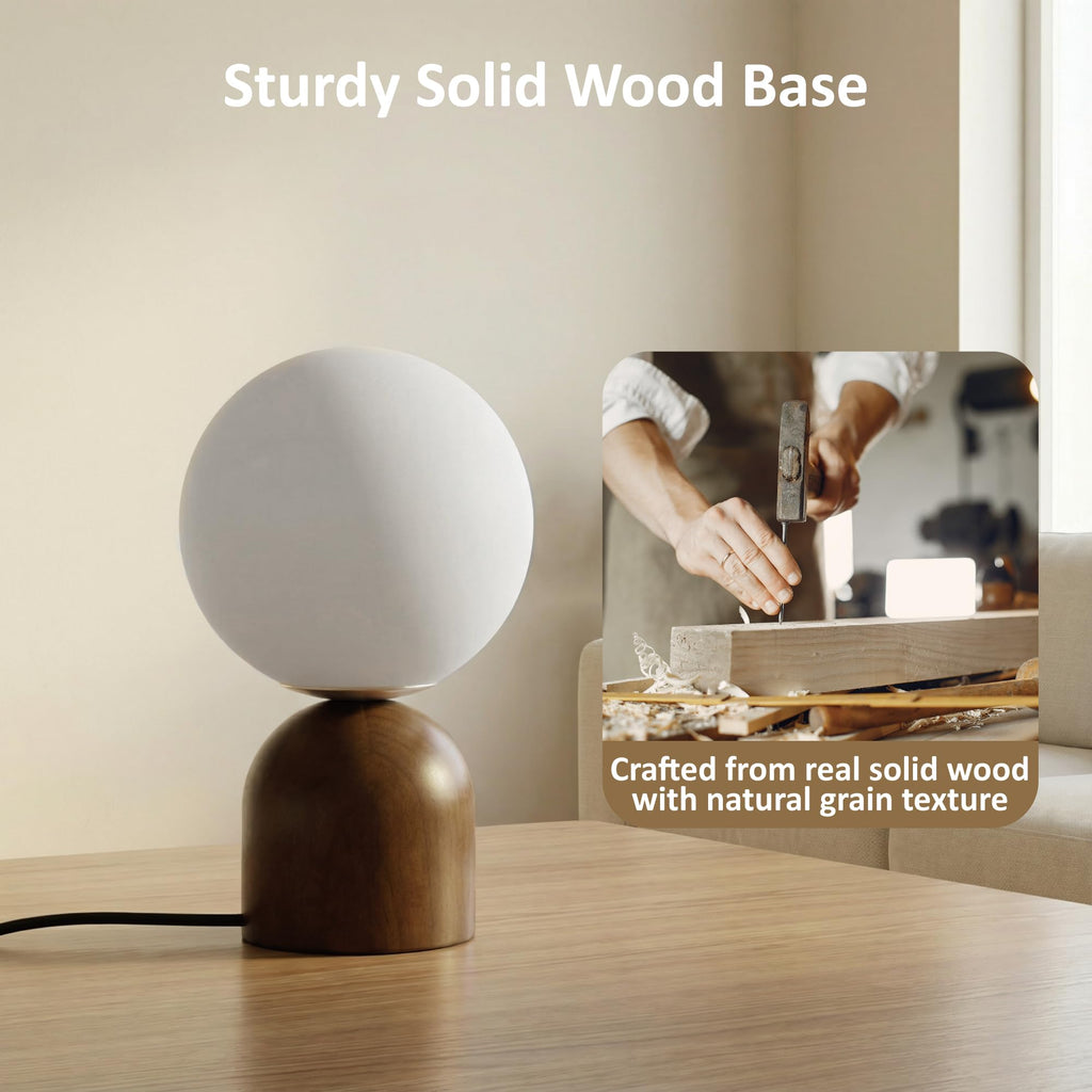 9.8" Dimmable Solid Wood Table Lamp with Opal Glass Globe Shade, Walnut