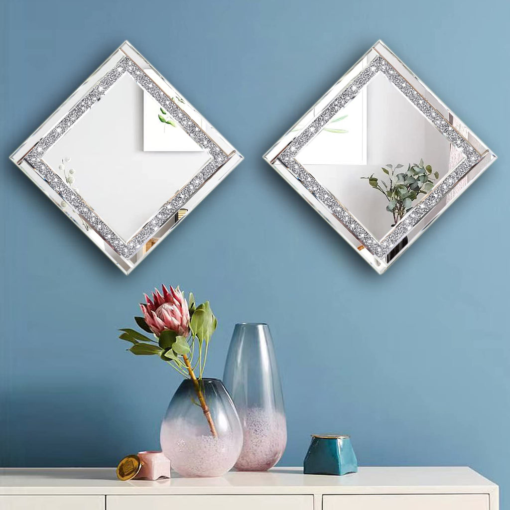 Crystal Crush Diamond Silver Mirror 12'' x 12'' 2PCS,Frameless Stylish Gorgeous Diamond Decor Glam Glass Mirror.