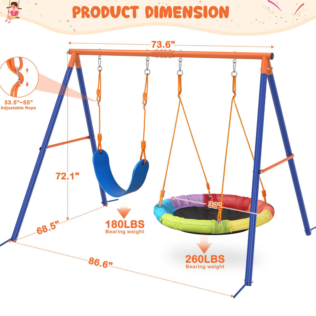 Swing Set for Backyard, 32" Saucer and Belt Seat, 440 lb Frame