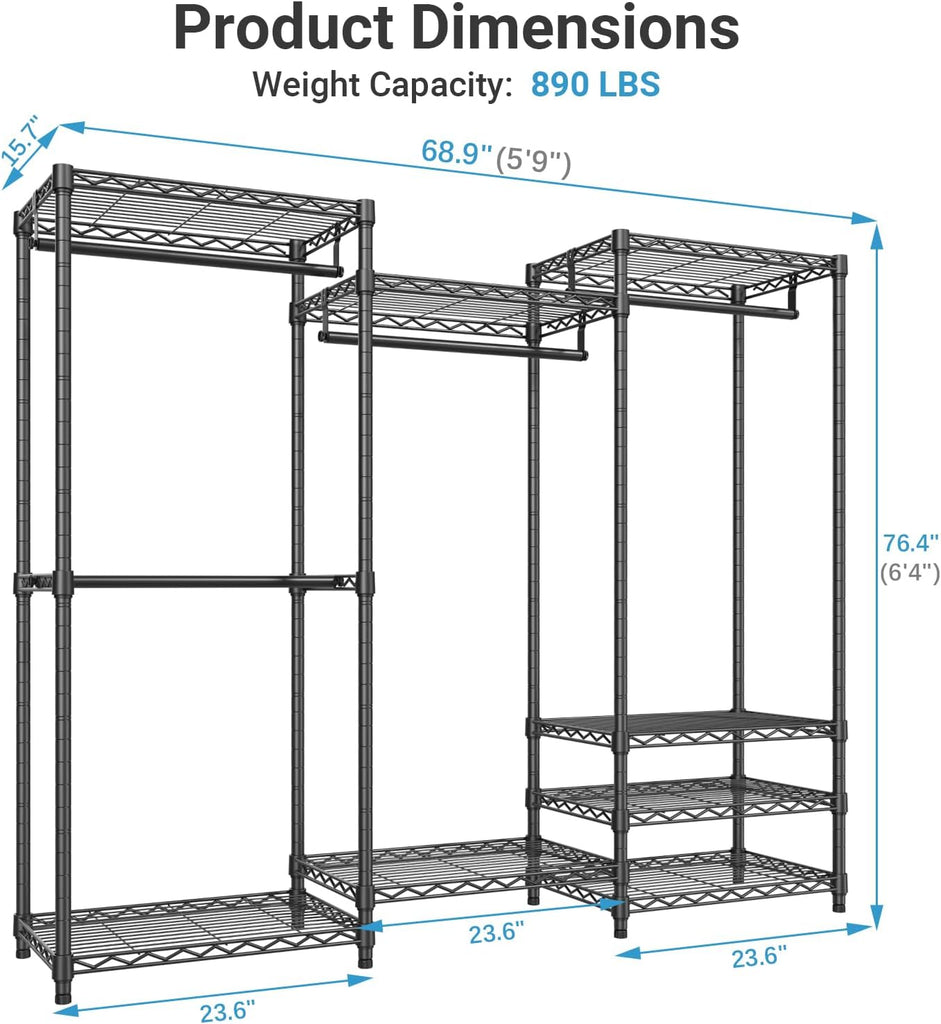 V5C Heavy Duty Covered Clothes Rack Portable Closet Rack, Black Metal Clothing Rack with Black Upgarded Polyester