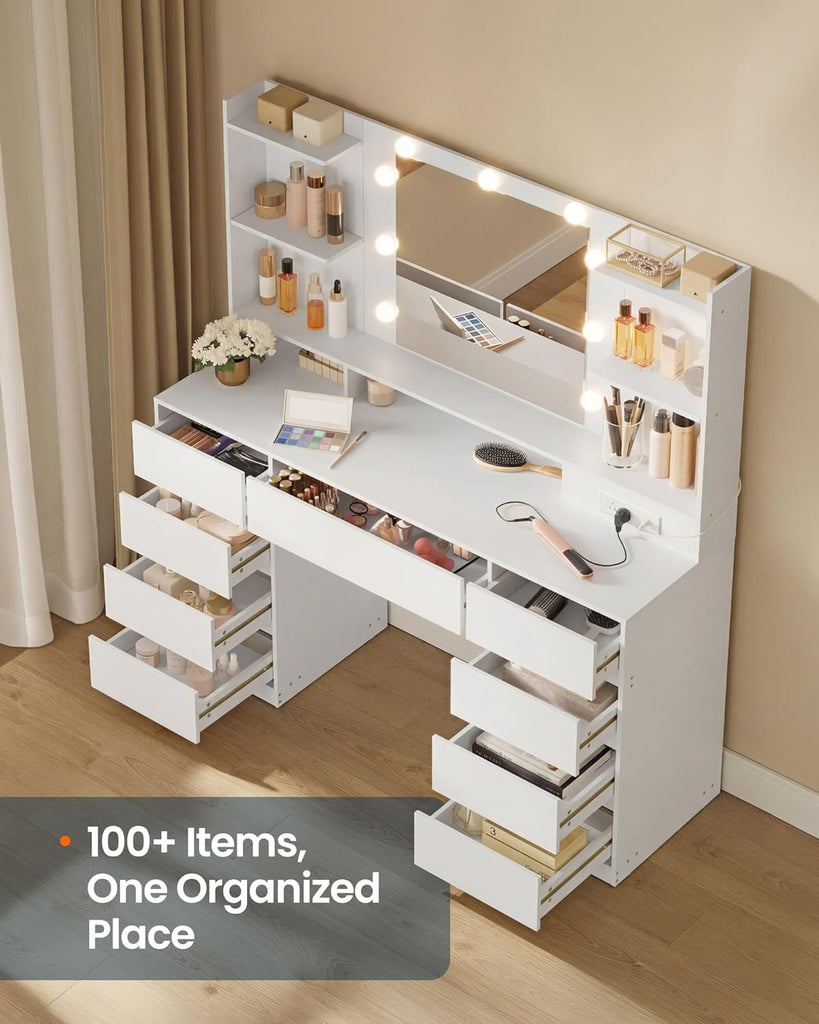 Vanity Desk with Mirror and Lights, Makeup Vanity Table with Power Outlets, 9 Drawers Storage Dressing Table , White
