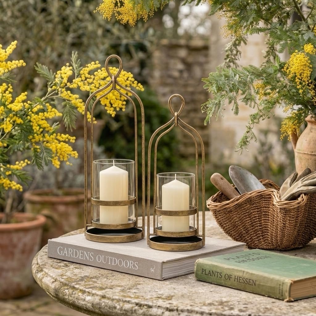 Hurricane Candle Holder Set of 2 with Glass & Metal Frame-Pillar Candle Holders Centerpiece Farmhouse Decor