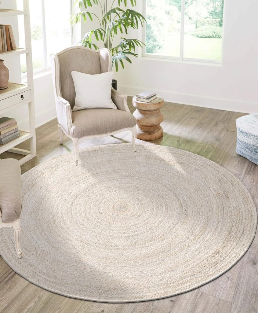 Handwoven Jute Area Rug- Off-White Round Rustic Vintage Beige Braided Reversible Rug- Eco Friendly Rug , Farmhouse