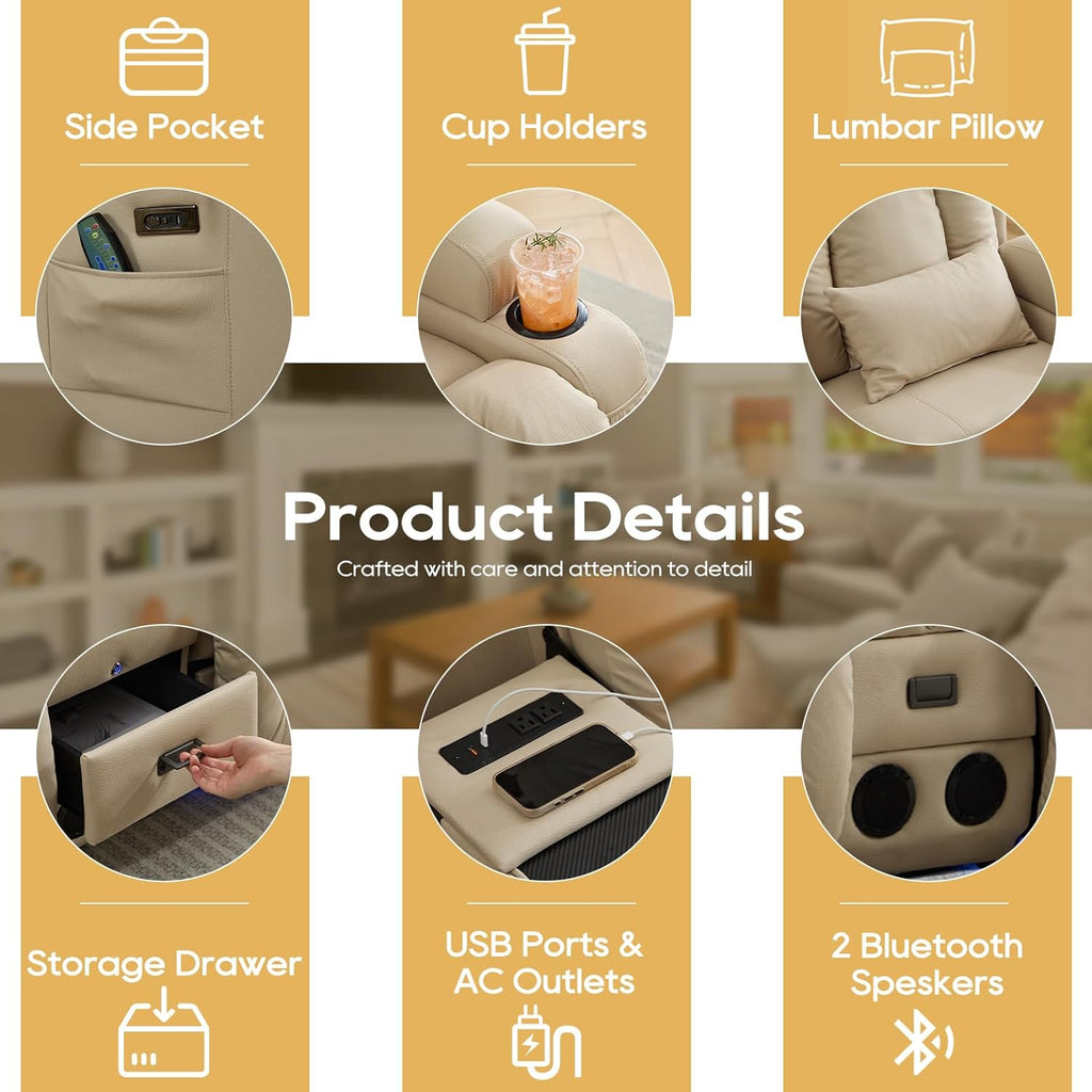 Power Loveseat Recliner Sofa with Flip-Up Backrest Console, Bluetooth Speakers, Drawer, AC Outlet, LED Light