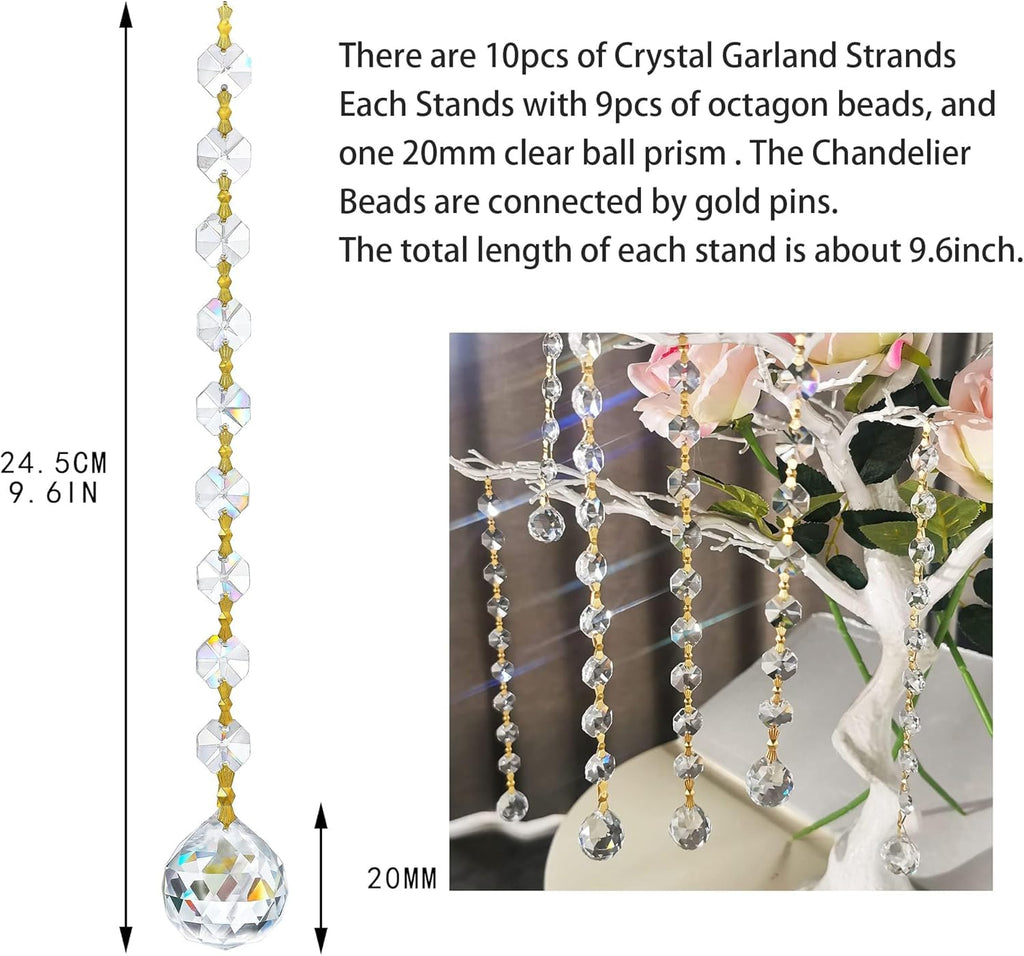 10Pcs Crystal Garland Strands Hanging Glass Chandelier Beads Chains - Glass 20mm Balls Prisms with Beads Pendants
