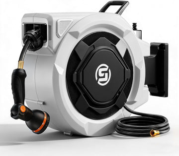 Retractable Garden Hose Reel - 1/2" x 100ft Wall Mounted Hose Reel with 3/4'' Brass Fitting & 10-Pattern Nozzle