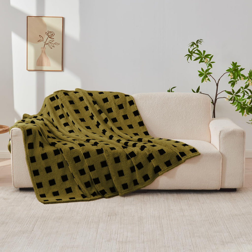 King Size Fuzzy Blanket320GSM - Olive Green Plaid Throw Blanket for Men, Christmas Throw Blanket for Couch for Bed