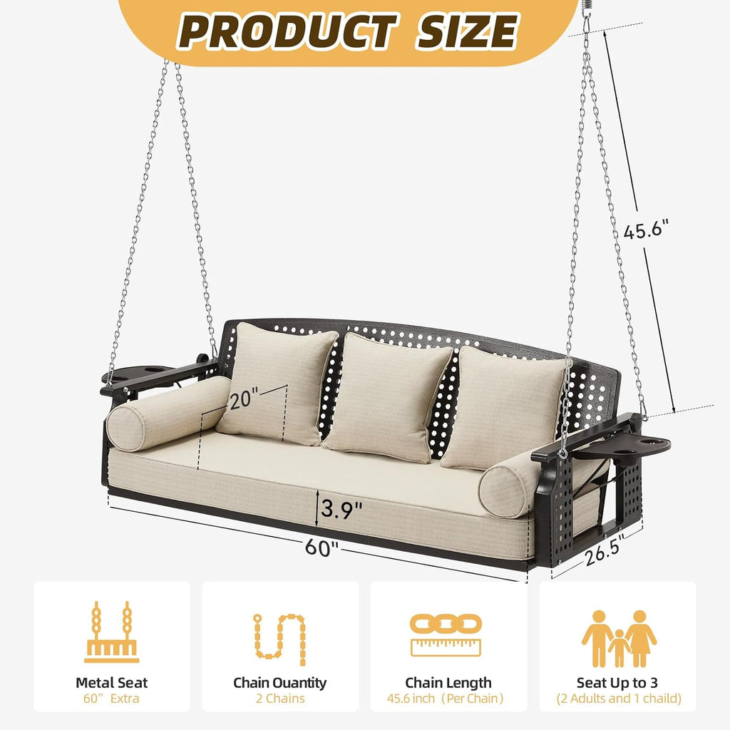 3 Seat Hanging Porch Swing, Patio Swing Bench with Cup Holders & 3 Back Cushions, Swing Chair with Chains for Deck