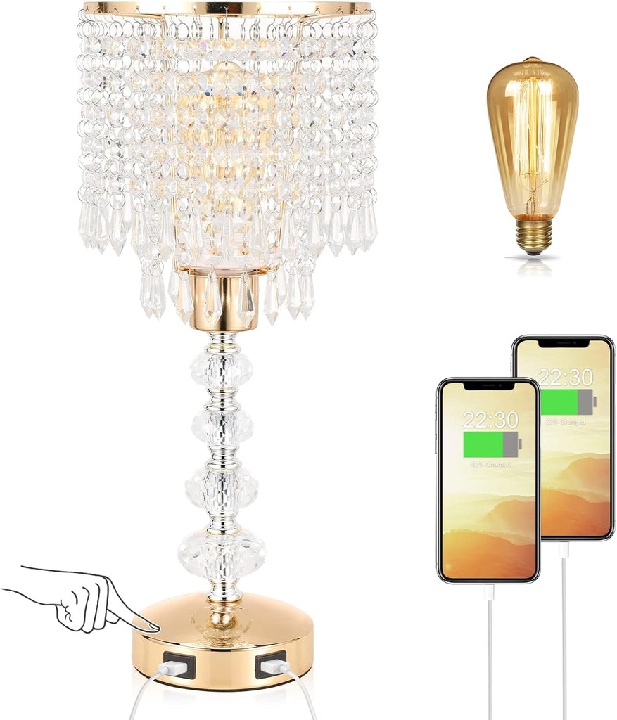 Crystal Table Bedside Lamp Touch Control, 3-Way Dimmable Small Nightstand Lamp with 2 USB Charging Ports