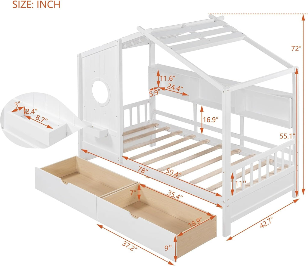 Twin Size House Bed with Storage Drawers,Kids House Bed Frame with Shelves,Cute Wood House Bed Twin with Roof for