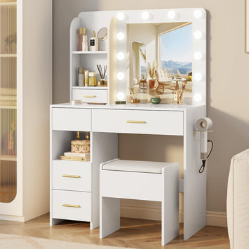 Vanity Desk with LED Lighted Mirror&Power Outlet, 3 Lighting Colors Makeup Vanity Desk with 5 Large Drawers and 3