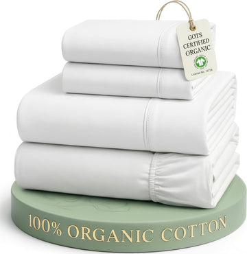 Sheets 100% Organic Cotton 4pc Percale Cooling - White | Sheet Set, GOTS Certified Organic Cotton Percale