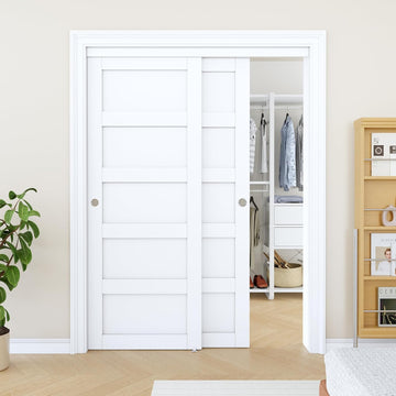 Paintable Sliding Closet Door 60" x 80", 5-Panel Solid Core Interior Sliding Door for Bedroom, Bypas
