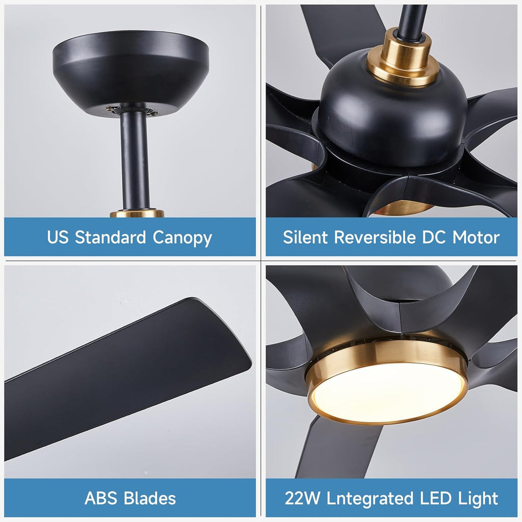 60 Inch Outdoor Ceiling Fan for Patios with Light, Black Gold Ceiling Fan with Long Downrods and Remote Control