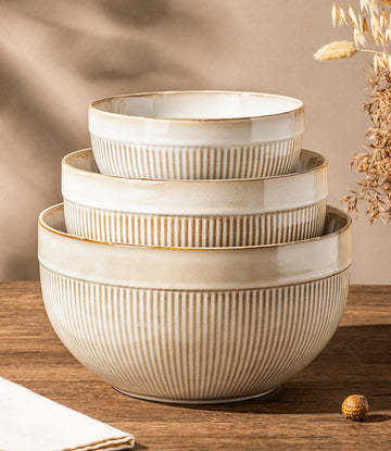 Ceramic Mixing Bowls Set of 3, Stoneware Nesting Serving Bowls | 45/90/150 oz For Prep, Baking, Serving, Gift