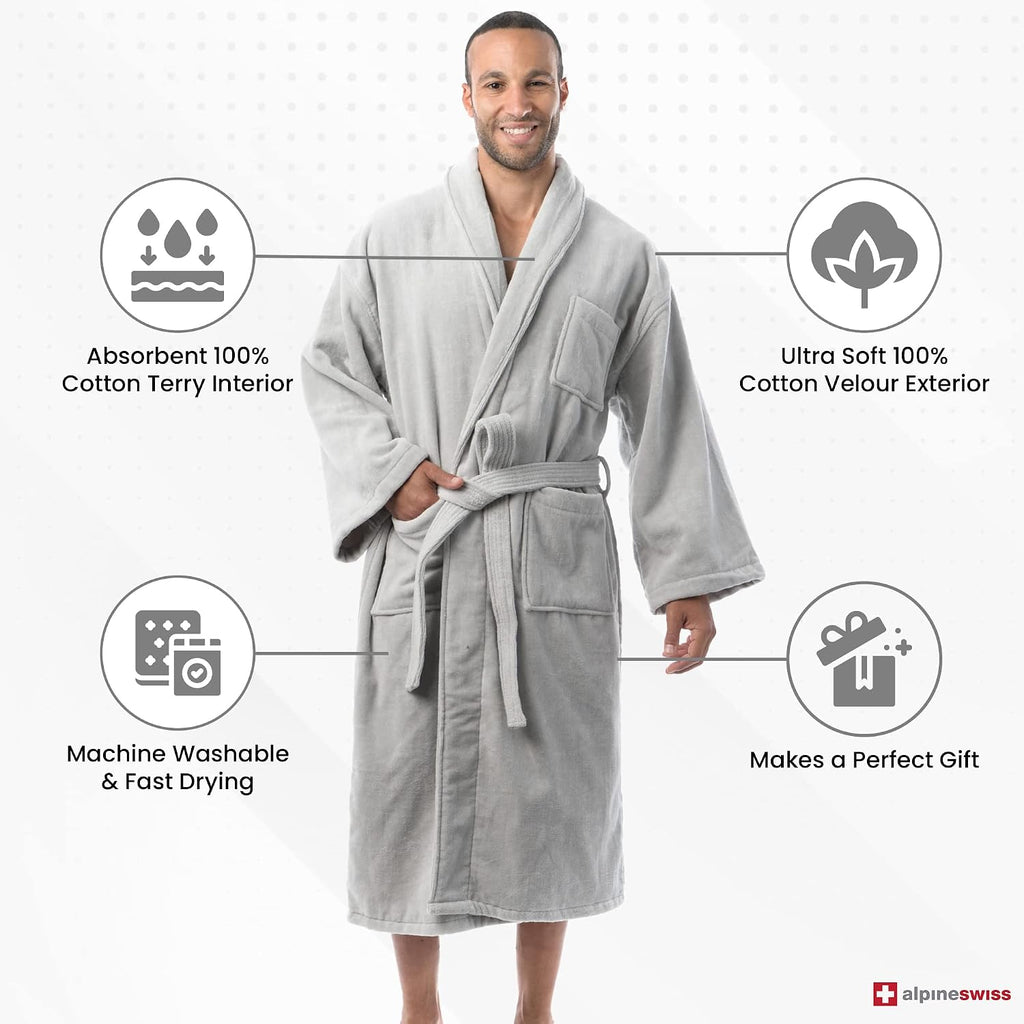 Pure Cotton Mens Terry Cloth Bathrobe Super Absorbent Spa Robe