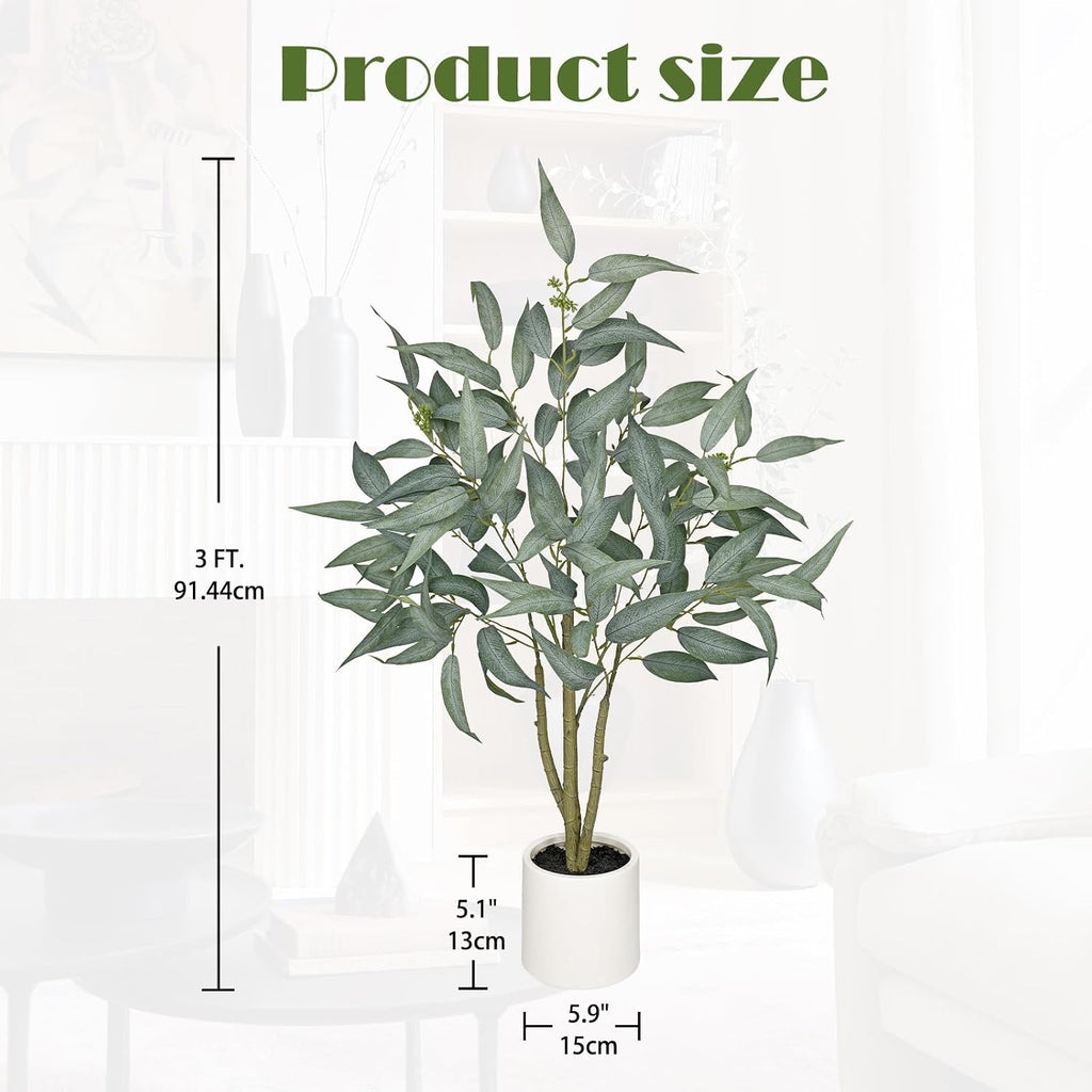 Eucalyptus Trees Artificial Indoor - 3FT Tall Faux Eucalyptus Plants in White Planter, Fake Plant Décor Bedroom