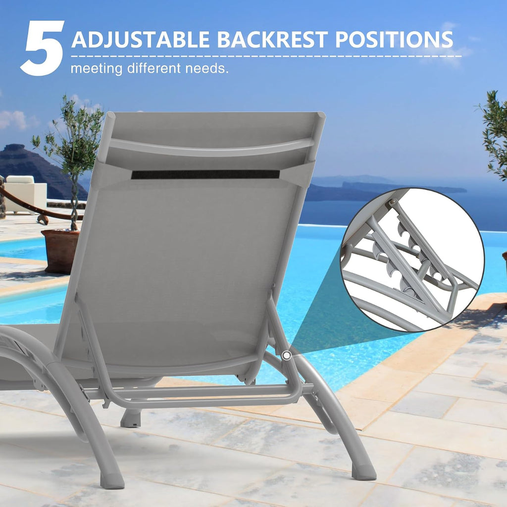 Lounge Chair Outdoor Pool Chaise Lounge Chair Set of 2 | Grey,for pool,Aluminum Adjustable,All Weather Poolside