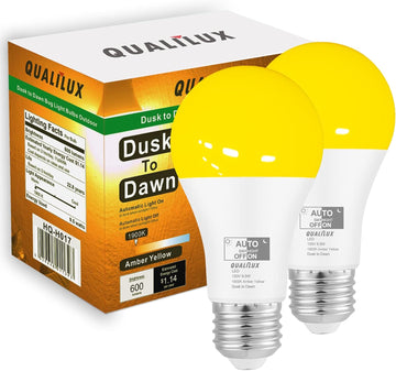 Dusk to Dawn A19 LED Bug Light Bulbs Outdoor, 1900K Amber Yellow, 600 Lumen, LED 9.5W, E26, 2-Pack, HQ-H017