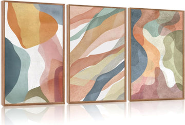 Abstract Watercolor Framed Canvas Wall Art Paintings(16"x24"), 3 Panels Colorful Red Green Yellow Blue White Artwork