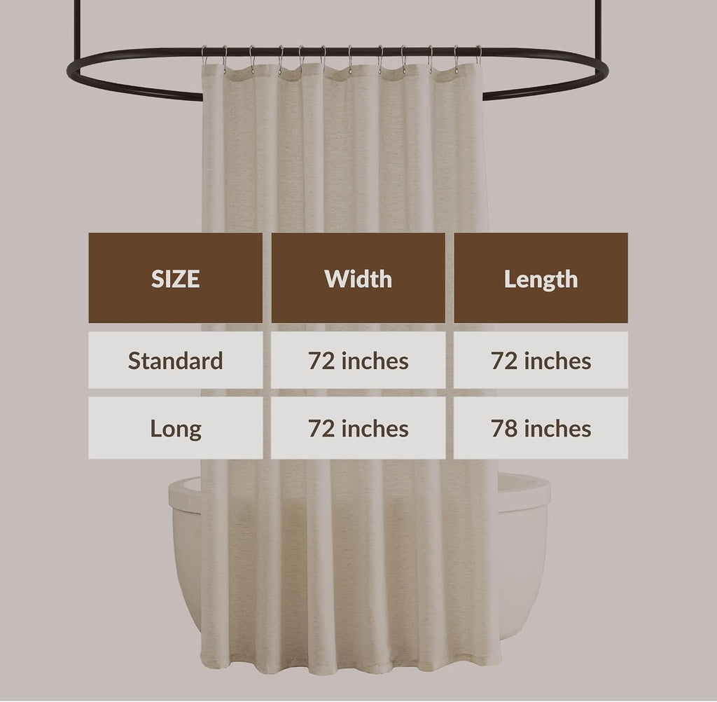 Natural Linen Shower Curtain, Farmhouse Bath Decor Slub Texture Neutral Elegant Long Shower Curtain with Hooks, 72" x
