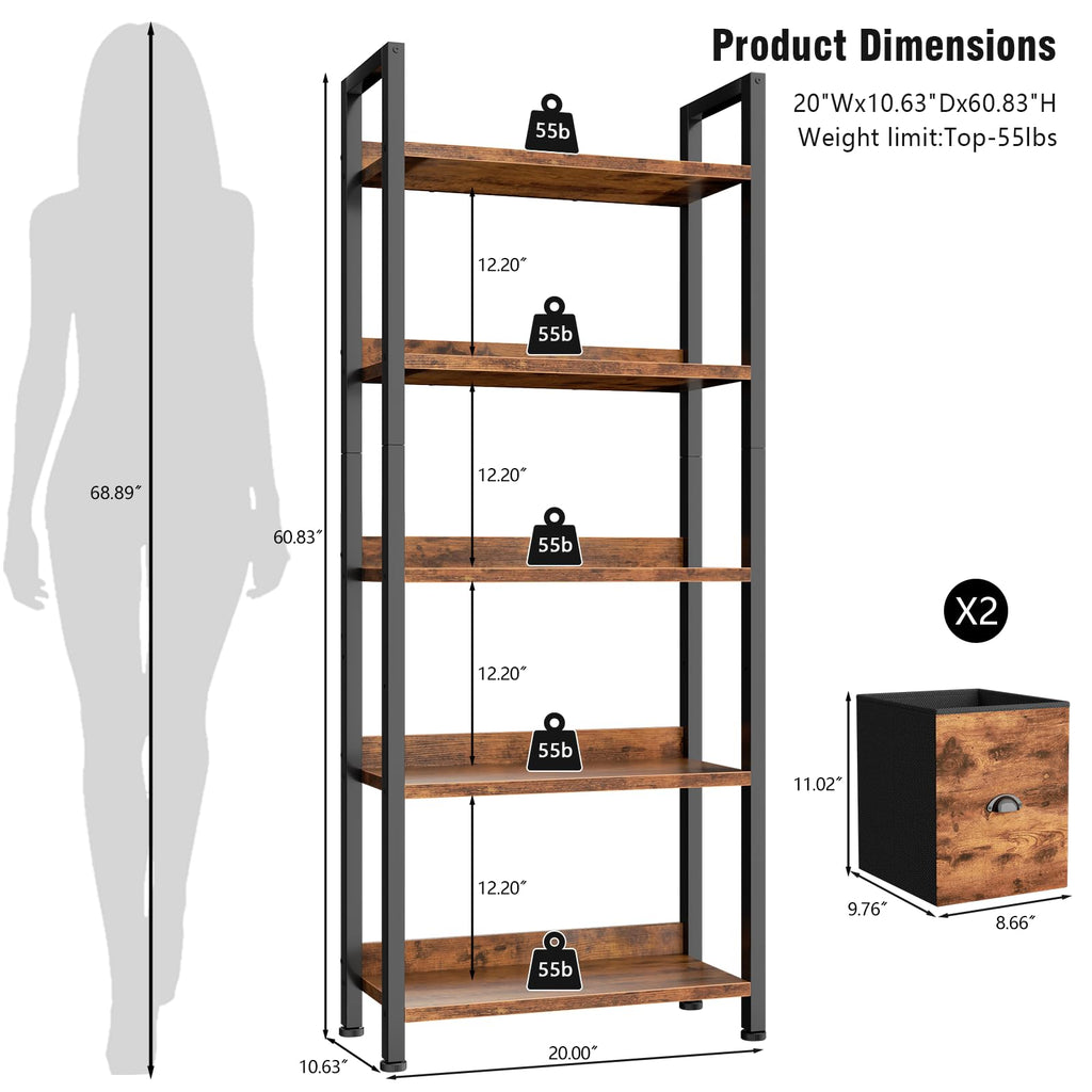 5-Tier Bookshelf, Tall Bookcase with Fabric Drawers, Rustic Brown