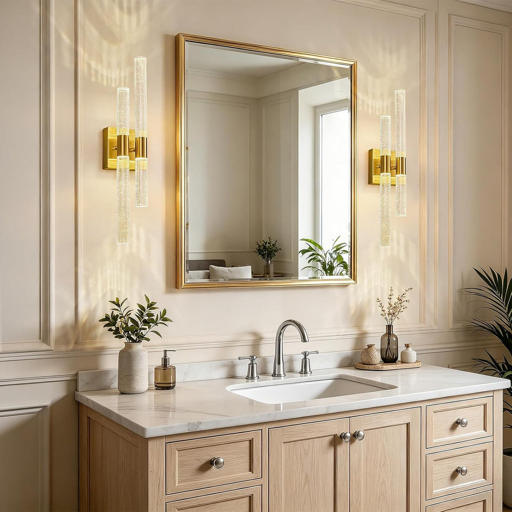 Crystal Wall Sconces Set of Two LED Bathroom Vanity Light Fixtures Gold 21.25in 4000K Vertical and Horizontal Wall