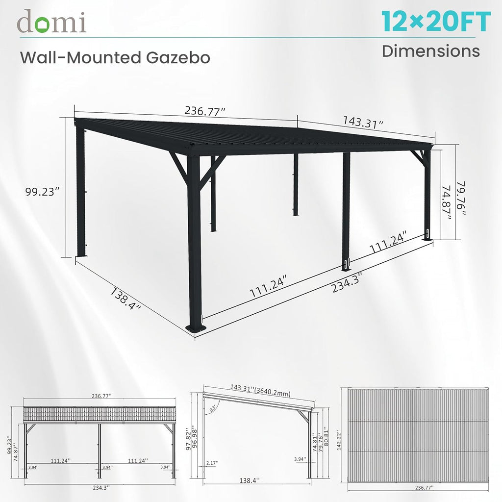 Domi 12' x 20' Lean to Gazebo, Wall Mounted Gazebos Pergola  - Image 8