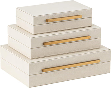 Faux Leather Large Modern Stackable Nesting Jewelry Box with Lids Organizer Beige Shagreen Decorative - Set of 3