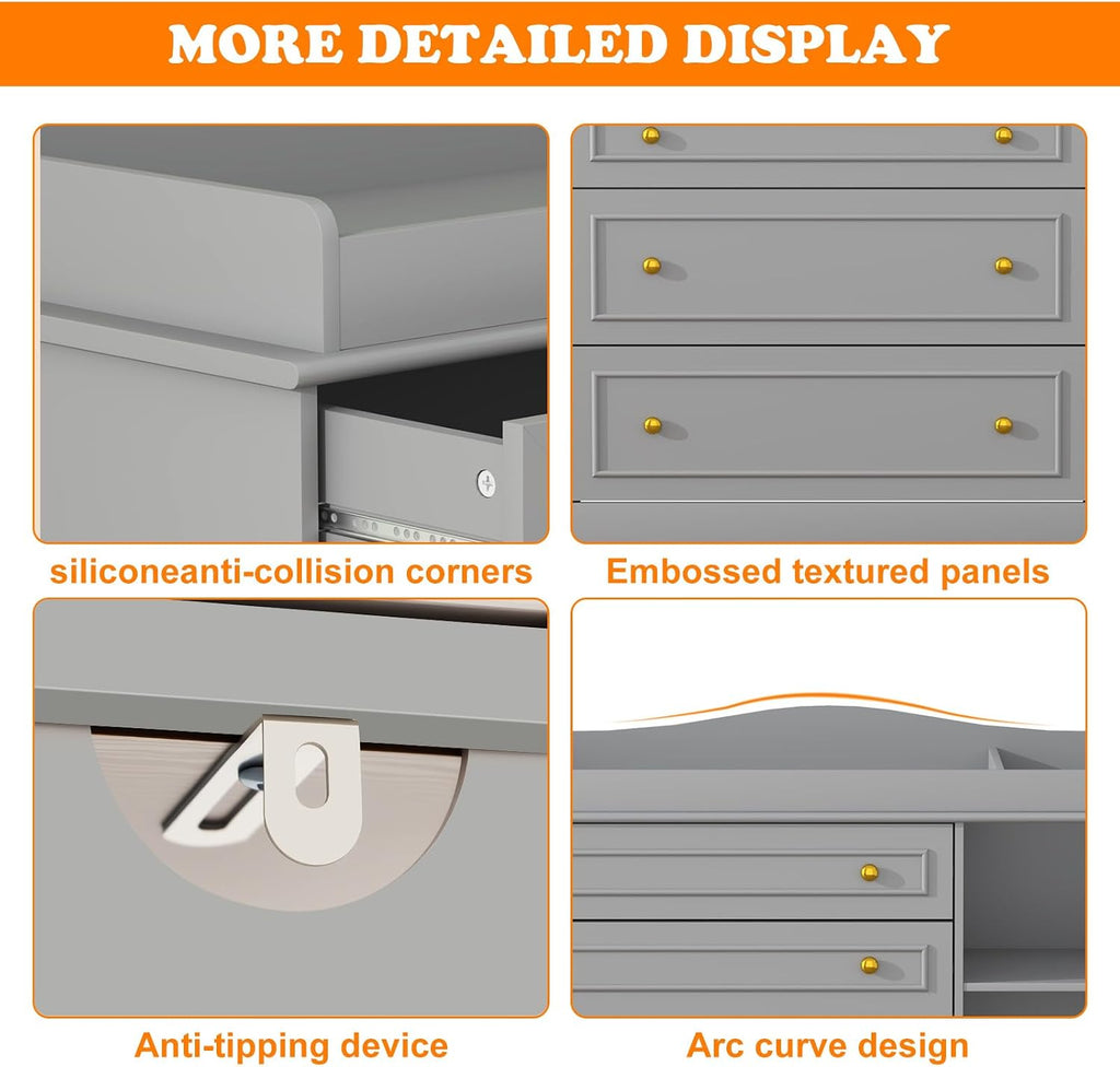 Grey Changing Table Dresser, Baby Nursery Dresser, Baby Diaper Changing Table, 5 Drawers, Adjustable Shelves, Metal