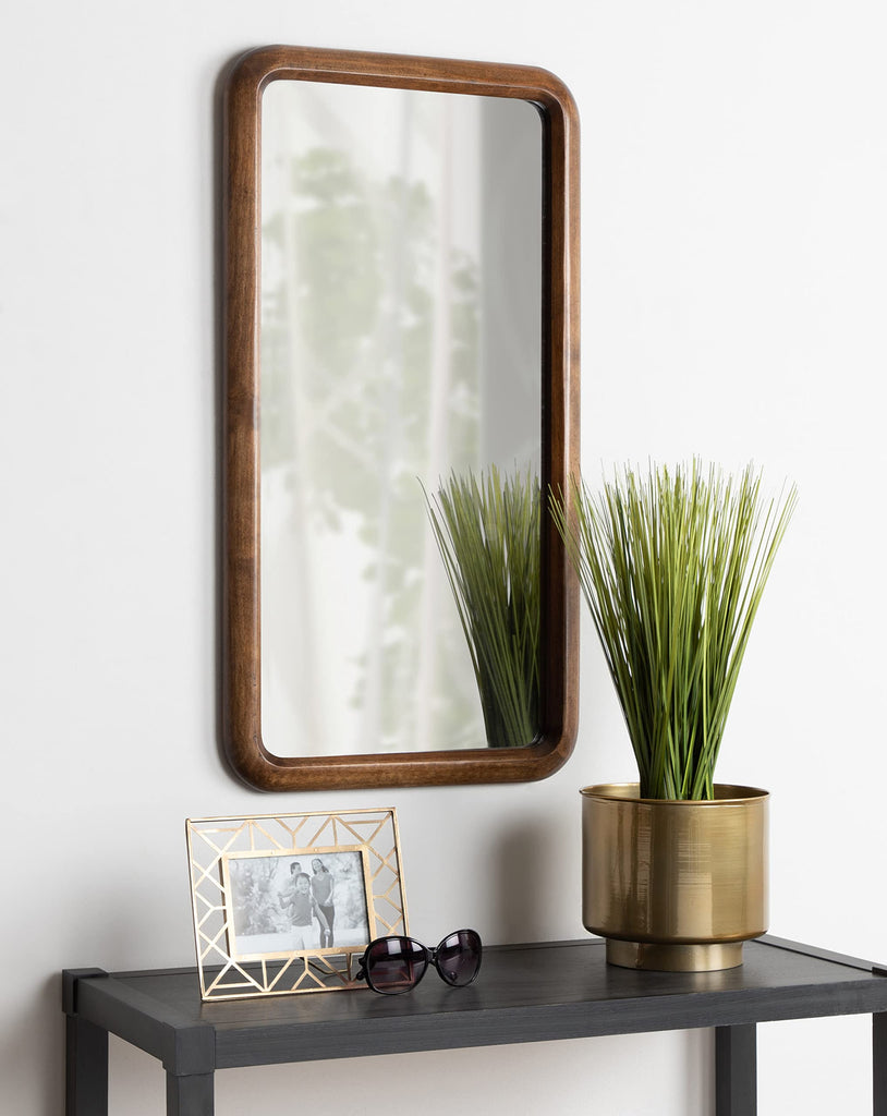 Pao Modern Rounded Rectangular Wall Mirror, 17 x 32, Walnut, Decorative Mid-Century Tall Wood Mirror with Radius