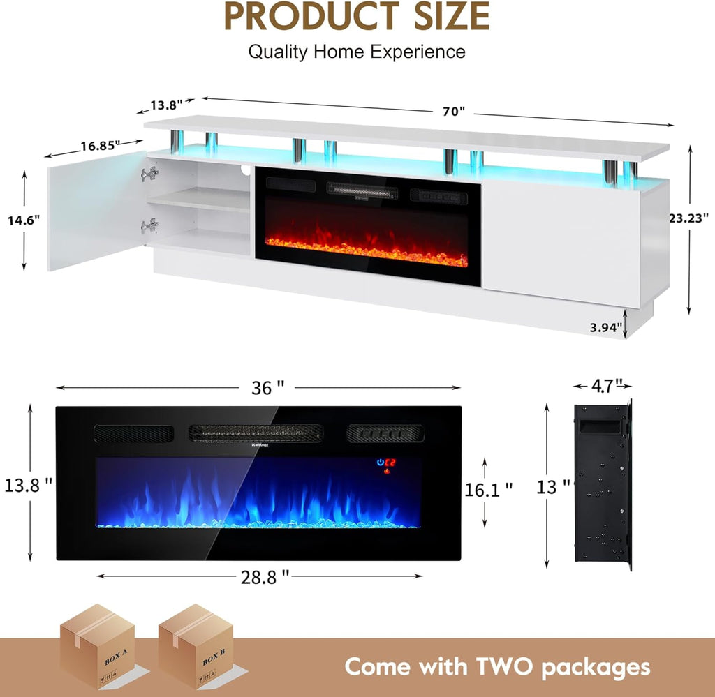 70" Fireplace TV Stand for TVs UP to 80", Electric Fireplace Entertainment Center with LED Lights & Storage Cabinets