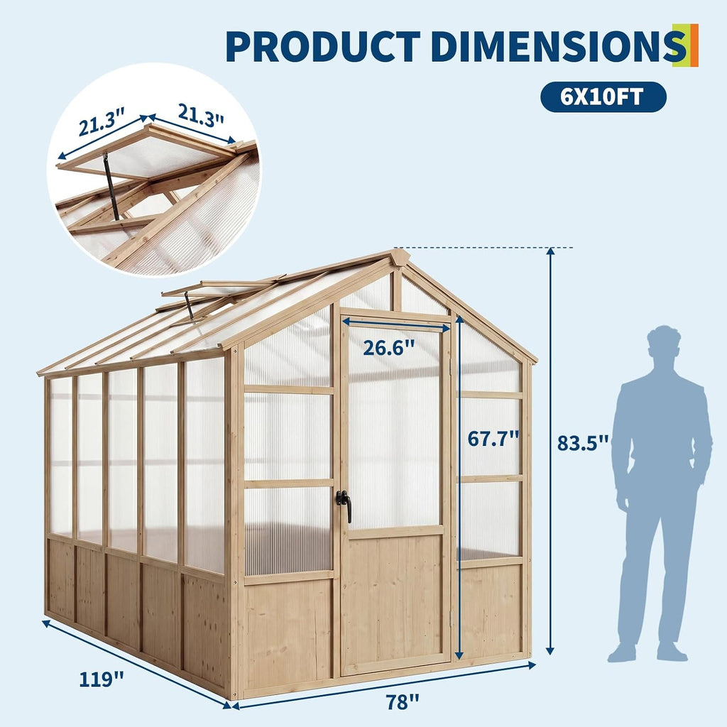 Heavy Duty Walk-in Wooden Greenhouse Kit, 4mm Polycarbonate Panels Green House with Adjustable Vents and Lockable