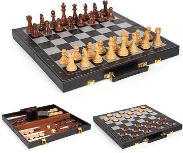 3 in 1 Magnetic Chess Set & Checkers Backgammon Board Game Set, 15" Wooden Folding Chess Board, Tournament Portable