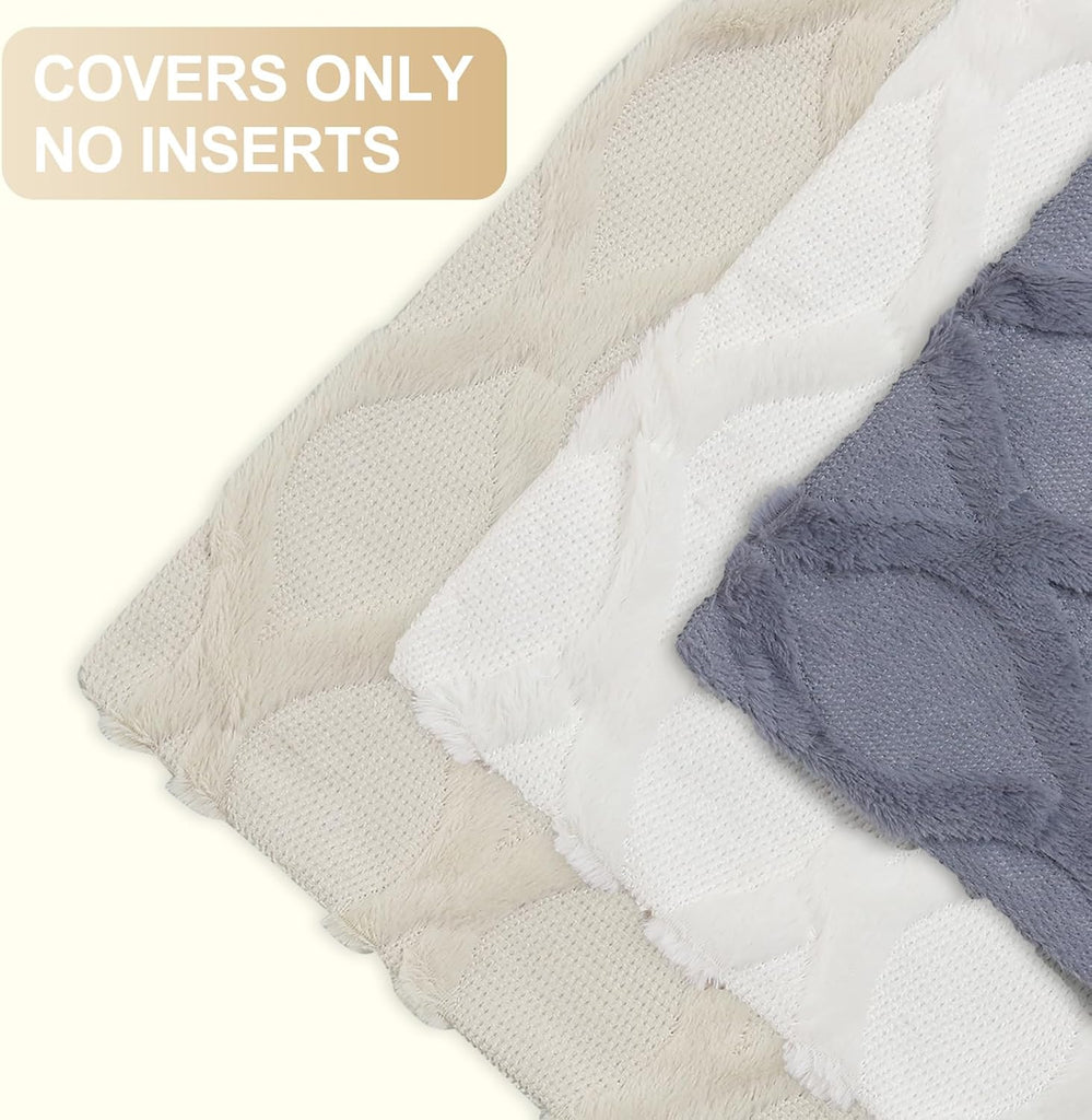 Summer Throw Pillow Covers 18x18 Inch Set of 2, Soft Plush Faux Fur Wool Cream White Accent Couch Pillow Covers for