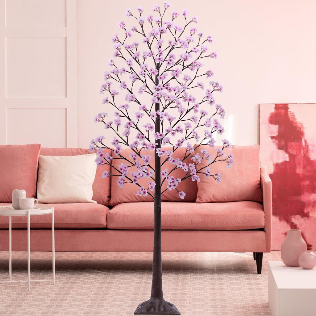 7FT Lighted Cherry Blossom Tree - Faux Artificial Light Up Pink Tree with 144 Lights, 432 Lush Flowers, Timer, Remote