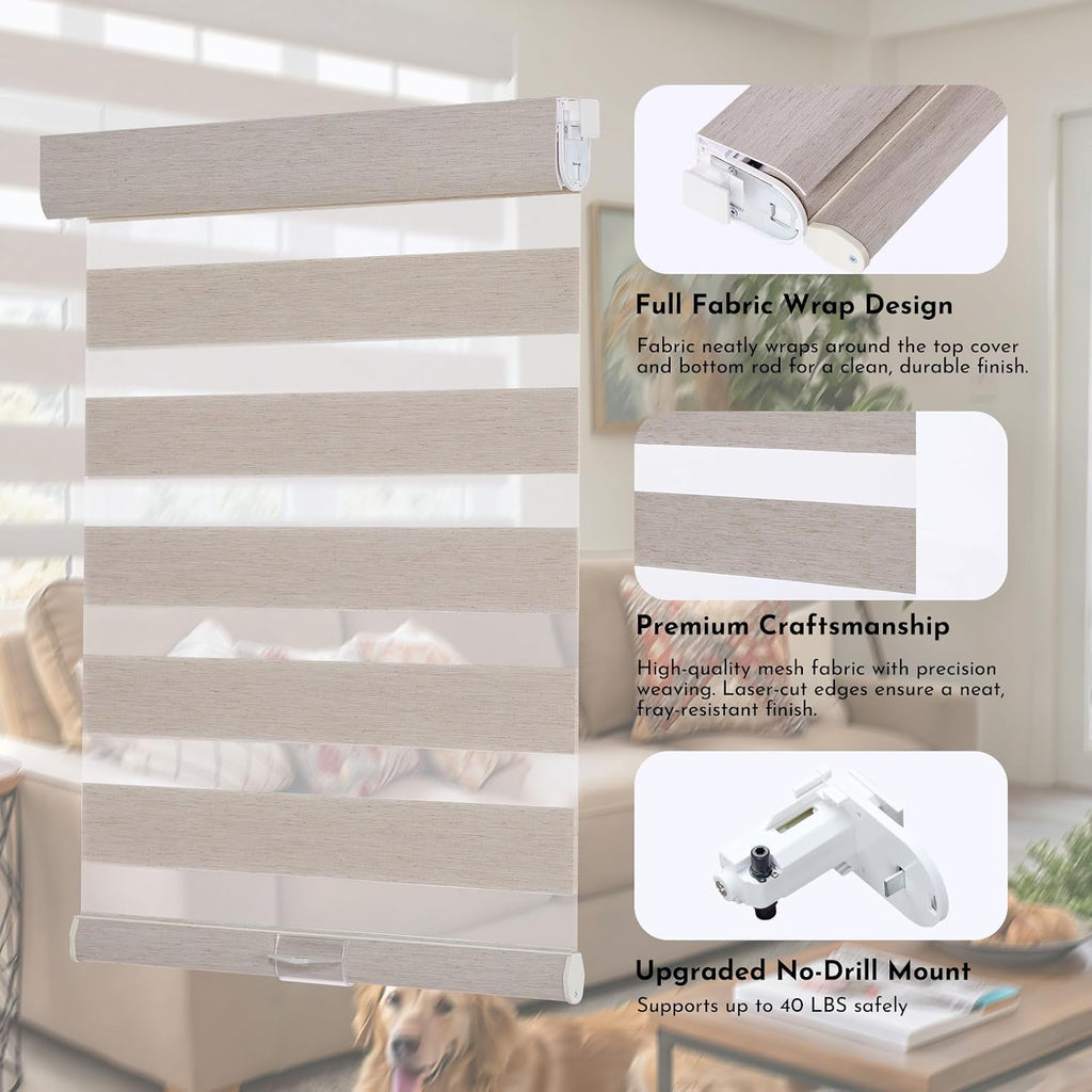 Linen Zebra Blinds for Indoor Windows, No Drill No Tools Windows Shades for Home, Light Filtering Shades for Privacy