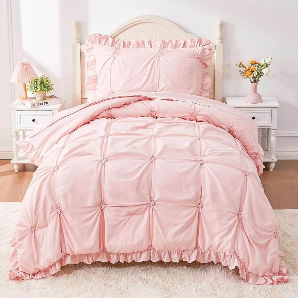 Twin Comforter Set for Girls, Boho Pintuck Bedding Comforter Sets, 4 Pieces Ruffles Jacquard Embroidery Twin Bedding