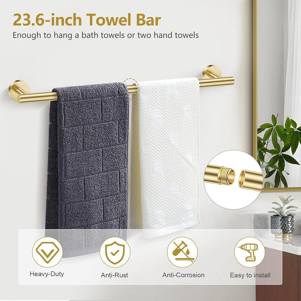 5 Piece Bathroom Hardware Set, Brushed Gold Bathroom Accessories | SUS304 Stainless Steel, 23.6" Brushed Gold Toilet