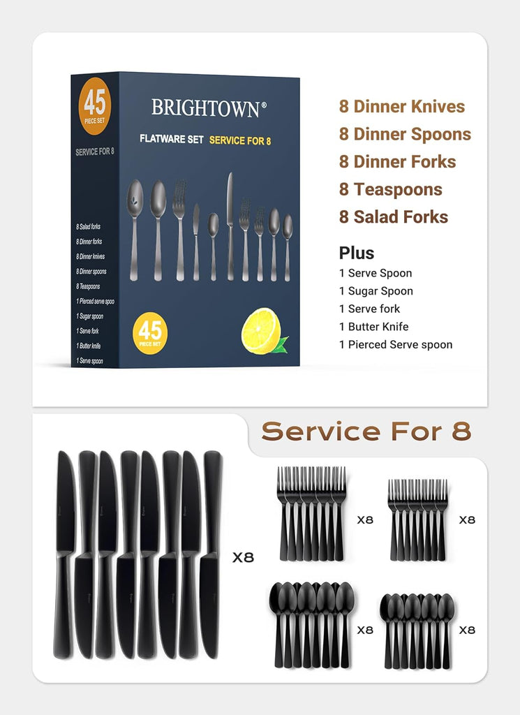 Black Silverware Set, 45-Piece Flatware Set Service for 8, Durable Stainless Steel