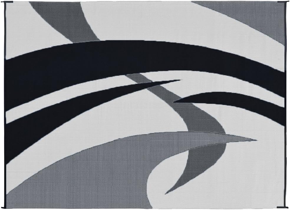 Outdoor Patio / RV Camping Mat - Swirl (Black/White, 9-Feet x 12-Feet)
